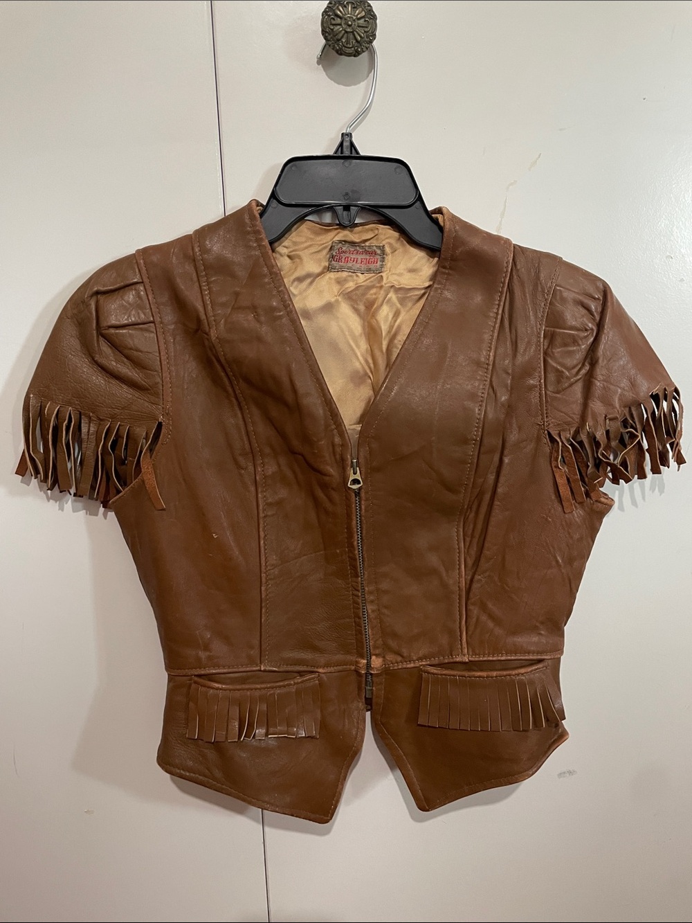 Vintage Leather Fringe Trim Short Sleeve Zipper Front Cropped Jacket/Vest